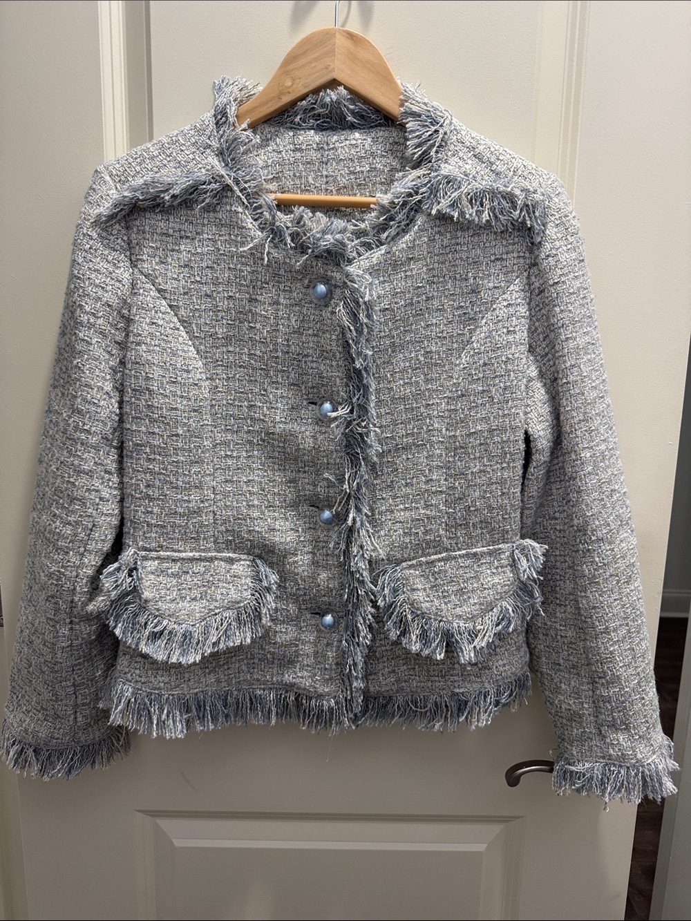Fringed Tweed Suit in Light Blue & Gray